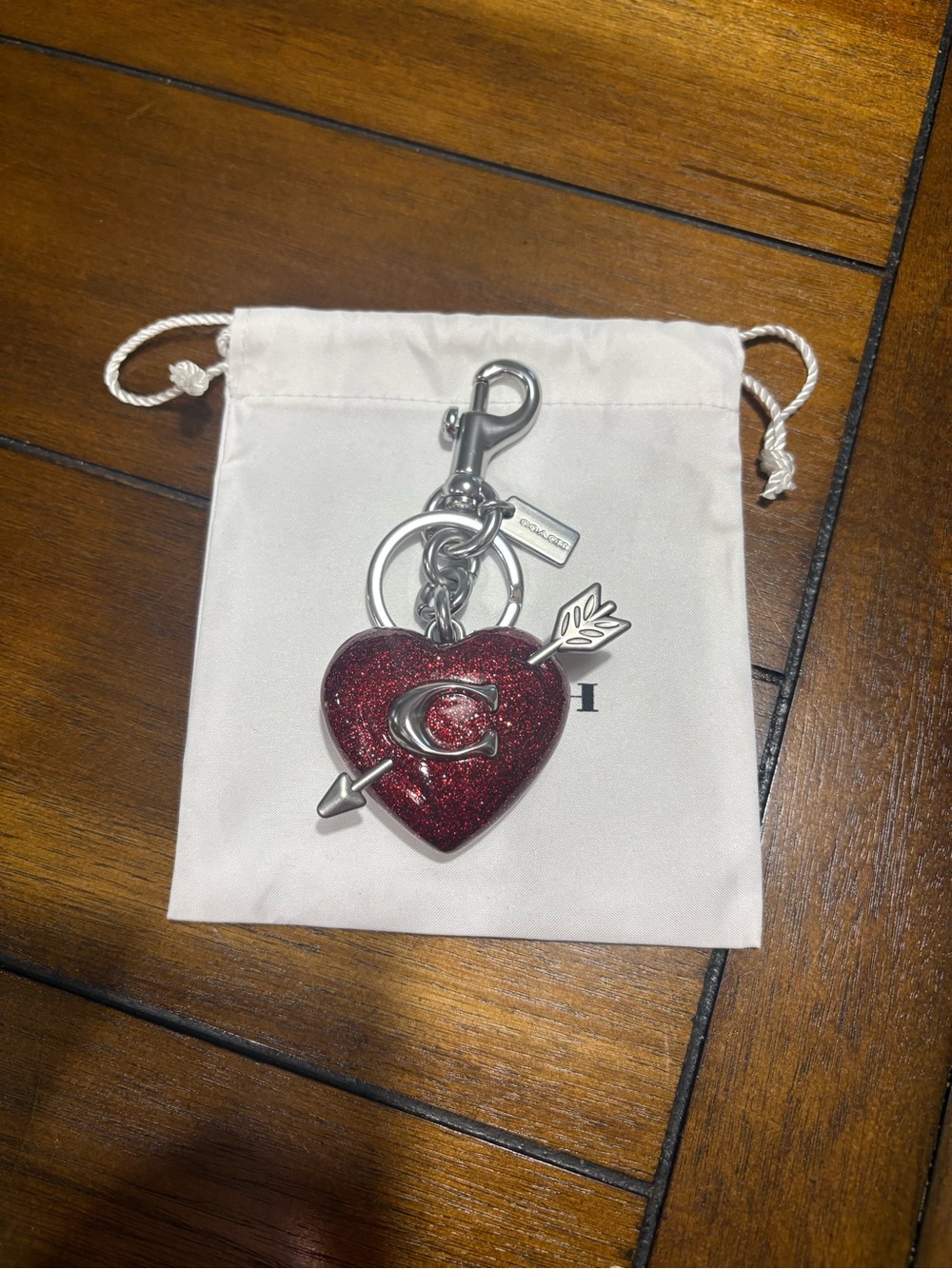 Coach Red Glitter Heart bag Charm with Silver Arrow